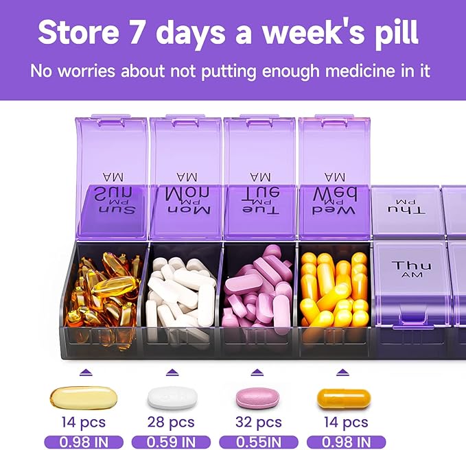 Weekly AM PM Extra Large Pill Organizer, 7 Day Pill Case 2 Times a Day, XL Day Night Pill Case Twice a Day, Oversized Daily Medicine Organizer for Vitamin, Pill Container (Purple)