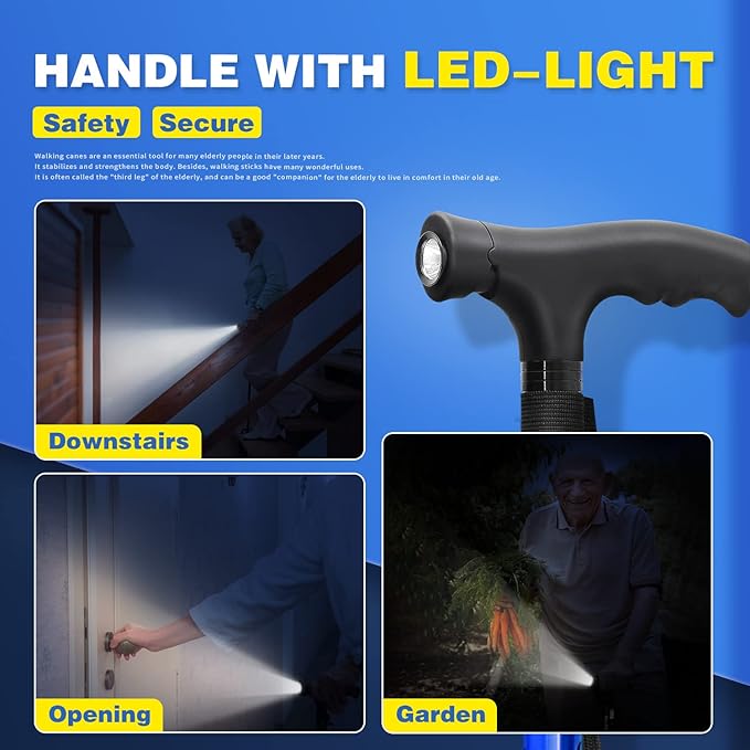 BigAlex Folding Walking Cane with LED Light,Pivoting Quad Base,Adjustable Walking Stick with Carrying Bag for Man/Woman (Alloy Base)
