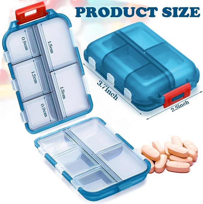 Meekoo 8 Pcs Travel Pill Organizer Pocket Portable Pill Case Daily Container Small Container Medicine Travel with 10 Compartments for Purse Fish Oil Medicine(Sky Blue)