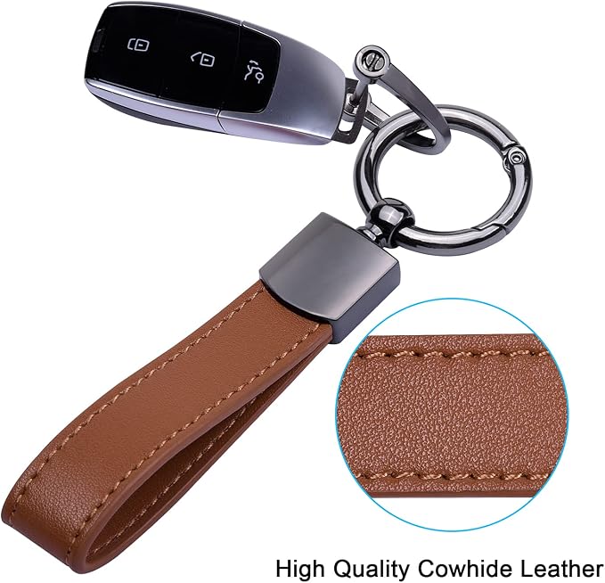 Wisdompro Genuine Leather Car Keychain, Universal Key Fob Keychain | Leather Car FOB Key Chain Holder for Men and Women, 360 Degree Rotatable, with Anti-lost D-ring and 3 Keyrings