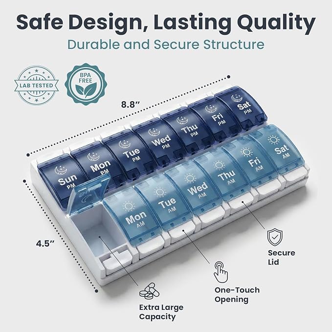 PELEGON Pill Organizer 2 Times a Day, Weekly Pill Organizer AM PM 7 Day, Large Medicine Pill Organizer with One-Touch Open, Extra Large Compartments, BPA Free Travel Pill Organizer for Daily Use