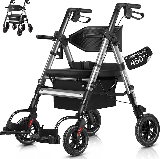 Walkers for Seniors,Heavy Duty Rollator Walker Wheelchair Combo, 2 in 1 Rollator Transport Chair with Brakes, 450 lb Rolling Walker 10" Big Wheels for All Terrain, Grey