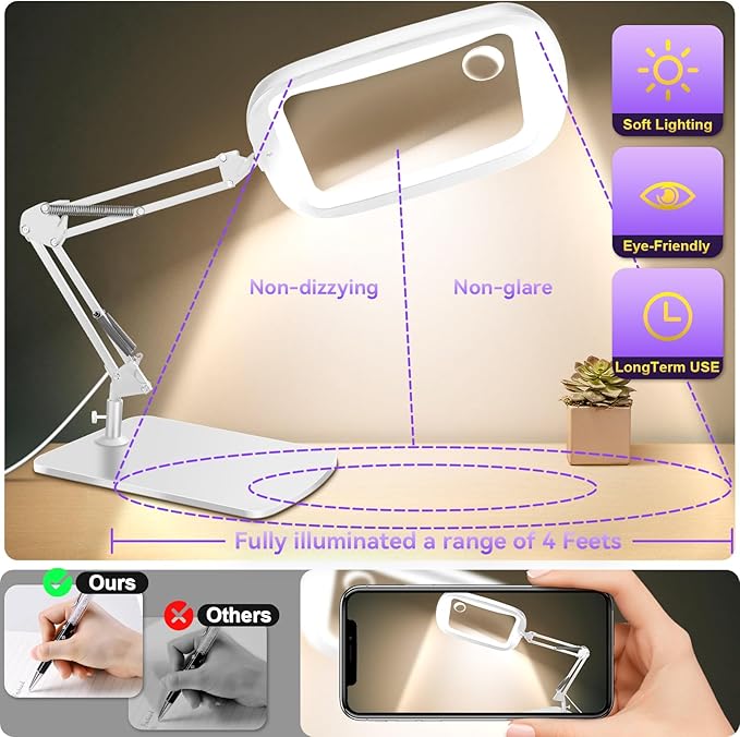 10X 30X Extra Large Magnifying Glass with Light and Stand 7-inch | 5 Color Modes Dimmable,Lighted Magnifier,Rectangle Hands-Free Magnifying Glass Desk Lamp for Reading Craft Close Work LB