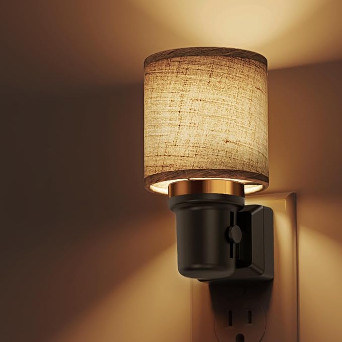L LOHAS LED Night Lights Plug into Wall,Linen Fabric Cylinder Night Light | Dusk to Dawn Sensor Vintage Nightlight, 3000K Soft Warm 0-100LM Dimmable, Decor for Bedroom Living Room Hallway