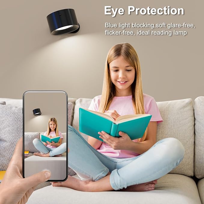 3PACK Romote LED Wall Sconce - Rechargeable Wall Light, 3 Colors & 3 Brightness Levels, 360° Magnetic Rotating Head, Bedside Reading Lamp, Easy Install Battery Operated Wall Lamp Black