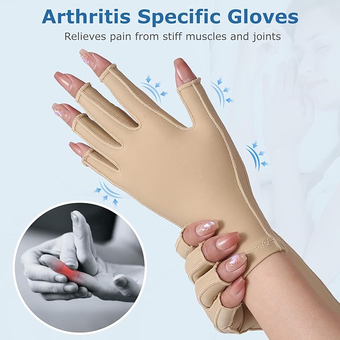 NURCOM Compression Arthritis Gloves Support for Women & Men, Relieve Pain & Swelling from Arthritis, Carpal Tunnel, Tendinitis, Tendonitis, Single Glove for Left & Right Hand, Open Finger Beige Medium