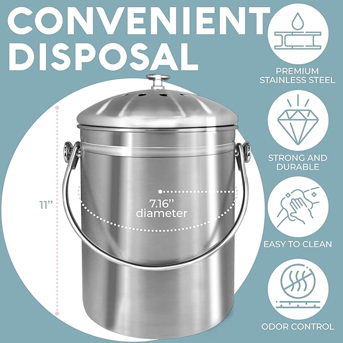 Epica Kitchen Compost Bin for Kicthen Countertops, 1.3 Galllon - Silver | Stainless Steel, Rust- Resistant, Resistant to Leaks, Replaceable Charcoal Filter for Odorless Composting