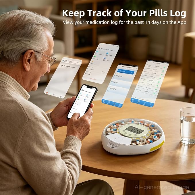 Bluetooth Automatic Pill Dispenser with Safety Lock for Seniors | App/Sound/Light Reminder - Up to 9 Alarms/Day, Medication Track History, Front Security Lock & Ergonomic Flip Lid