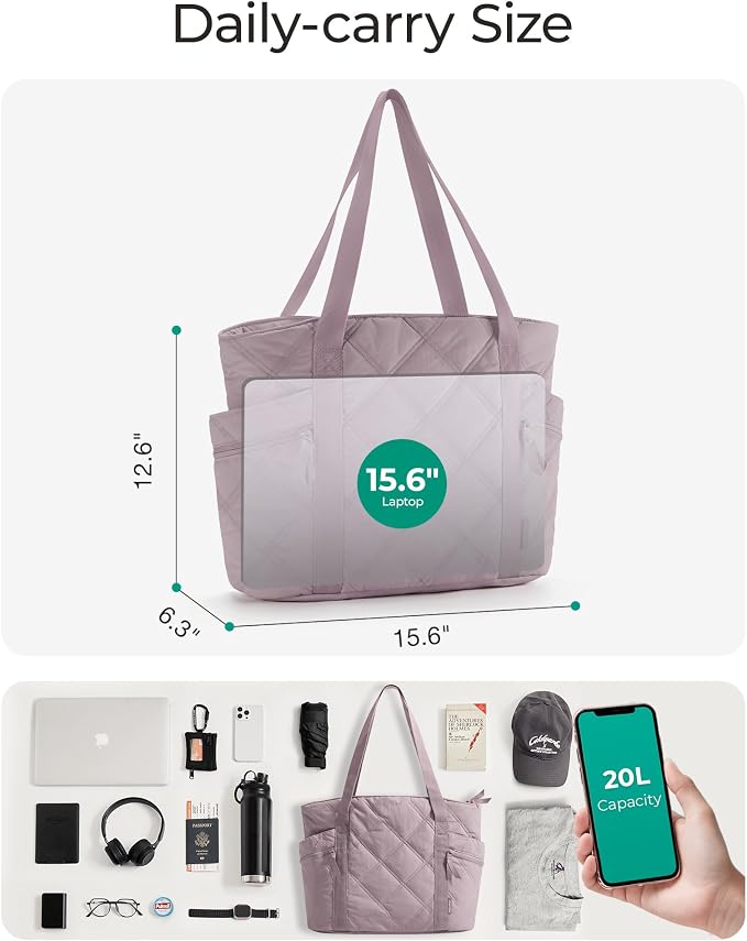 BAGSMART Crush Tote Bag for Women, 20L Puffer Work Tote with Zipper | Quilted Nurse Hospital Bag For Travel College Gym