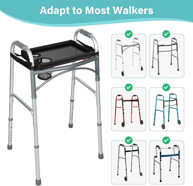 Walker Tray for Folding Walker, Trays for Walkers Detachable with Cup Holder,Walker Trays for Rolling Folding Walker,Walker Accessories for Elderly (Black Without Pockets with Baffles)