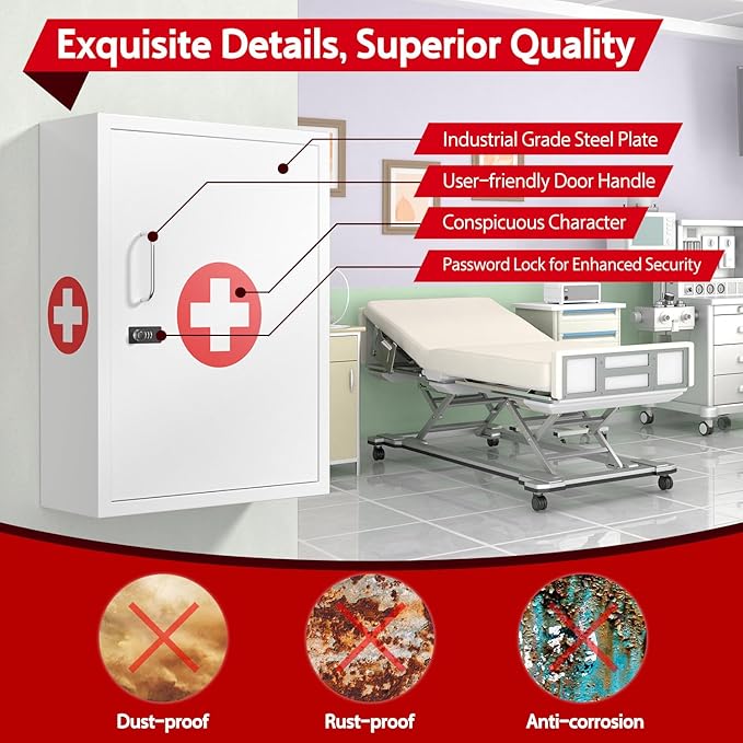 Wall-Mount Locking Medicine Cabinet: Large Metal Storage Organizer Box with Combination & Key Lock - Secure First Aid Medicine Cabinet for Bathroom Home Office(20.6" H x 15.75" W x 5.98" D)