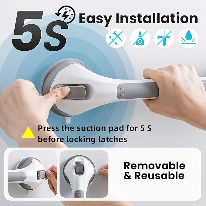 TAILI Shower Grab Bar 16 Inch Suction Cup Grab Bars for Bathroom, Removable Shower Safety Handle Heavy Duty Bathtub Grip for Seniors & Elderly, Strong Handrails No Drilling Waterproof, Grey