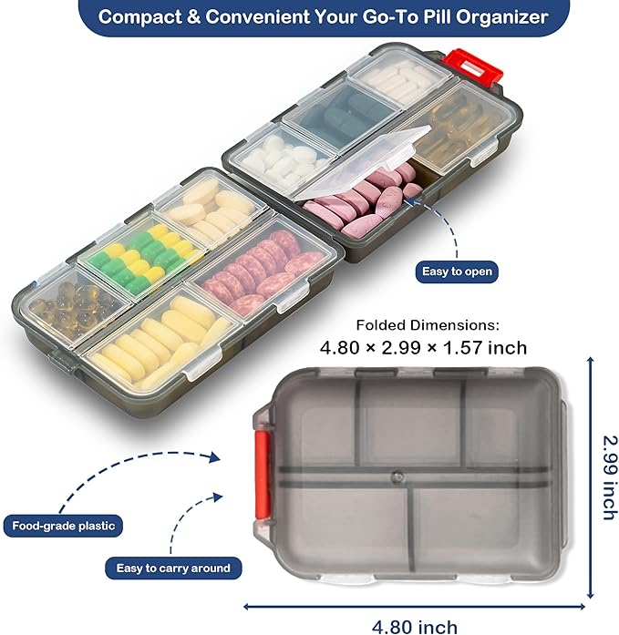 2026 New Extra Large Pill Box with Medicine Labels Travel Essentials Daily Med Container Mini Medication Organizer Storage Organizer Case 7 Day Pill Organizer(Grey)