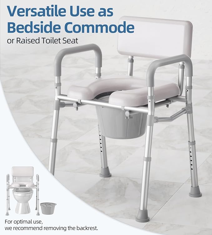 HOMLAND Bedside Commode Toilet, Padded Seat & Backrest, Enhanced Crossbar | Aluminum Potty Chair, Height Adjustable, Removable Bucket, Tool-Free Assembly, 350lb Portable Toilet for Adults & Seniors