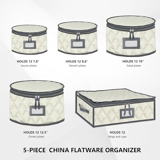 5 Pack China Storage Containers Set (Beige) - Sturdy Quilted Wine Glass & Dish Storage with Dividers - Compact Size