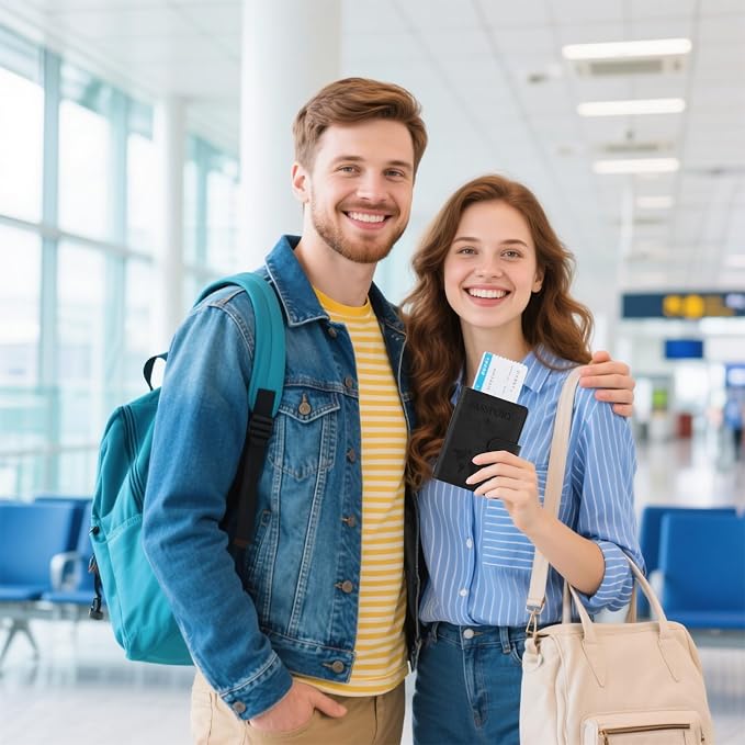 Passport Holder for Travel Essentials, Black Leather Passport Cover, Passport Wallet Holders for Women Men Family Travel Gifts Must Have Accessories, Credit Card Cash Air Ticket Storage Supplies