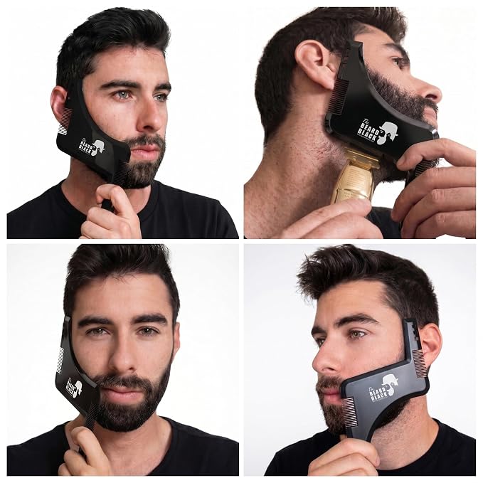 The BEARD BLACK Beard Shaping Tool & Neckline Shaper – Professional Beard Trim Guide & Stencil with Inbuilt Comb – Perfect Line Up & Edging Template for Men – Use with Trimmer or Razor