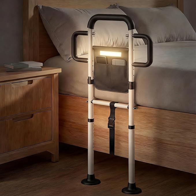 Bed Rails for Elderly Adults Safety, for 400Lbs, White | Bed Rail for Seniors with Motion Sensor Light, Height Adjustable Bed Assist Bar, Non-Slip Handle, Storage Bag