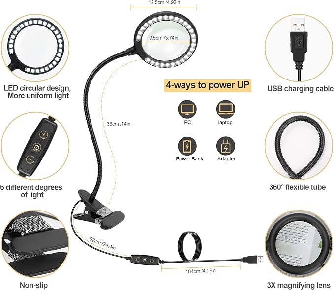 LED Magnifying Lamp with Clamp, Raweao 3X Lighted Magnifying Glass with Light for Reading, Seniors, Hobbies, Craft