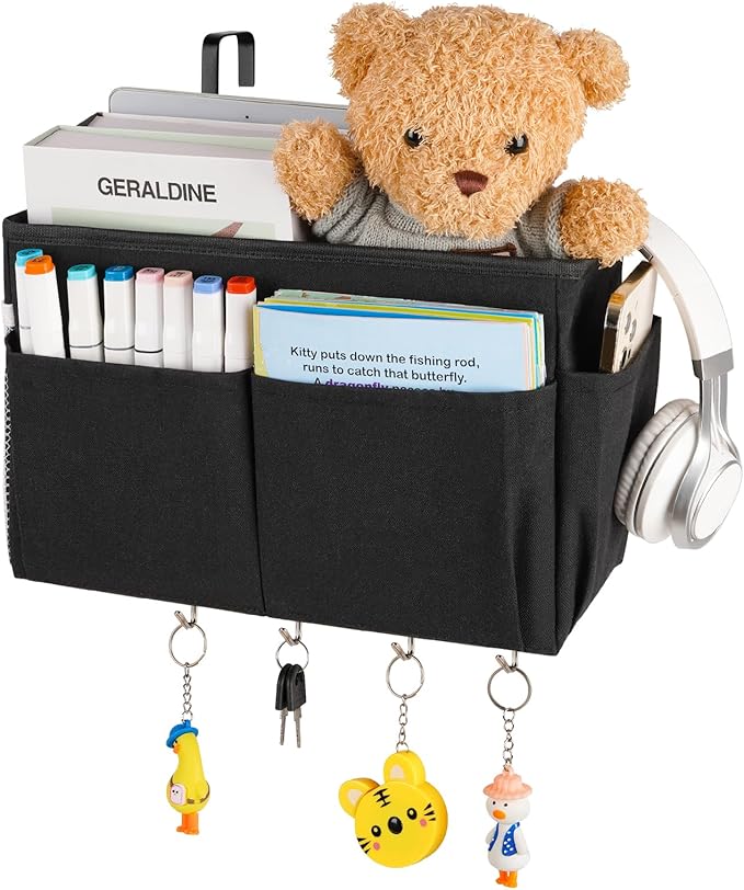 Bedside Caddy Organizer 5 Pockets and 4 Hooks for Bunk Bed Black | Hanging Storage Bag for Headboards