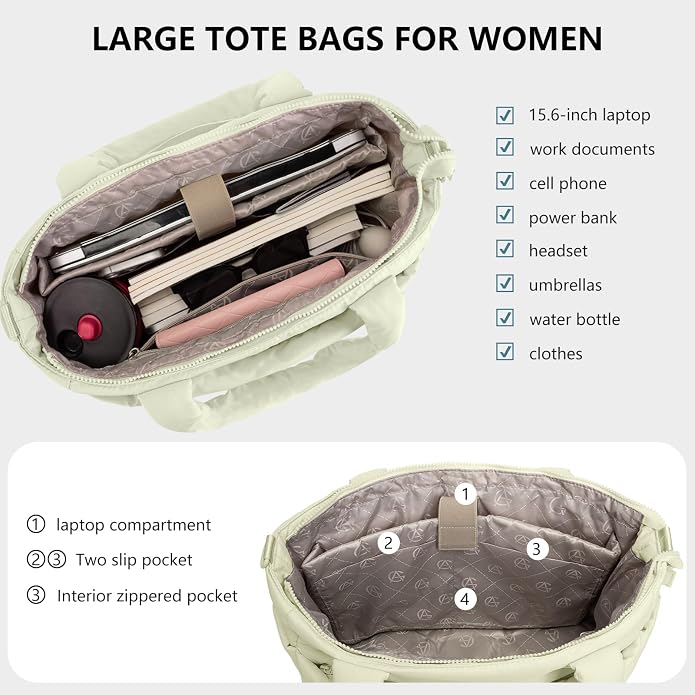 Puffer Tote Bag for Women Quilted Nurse Bag Lightweight Work Bag for Teacher Travel Handbag with Multiple Pockets