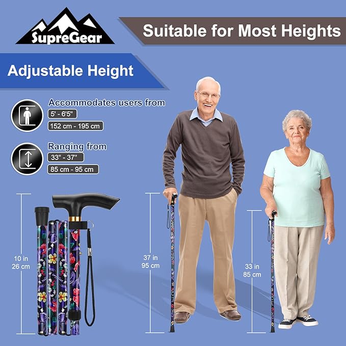 supregear Folding Cane, 5-Level Adjustable Height Walking Stick Lightweight Collapsible Portable Travel Cane with Wrist Strap and T Handle for Elderly Disabled Men Women
