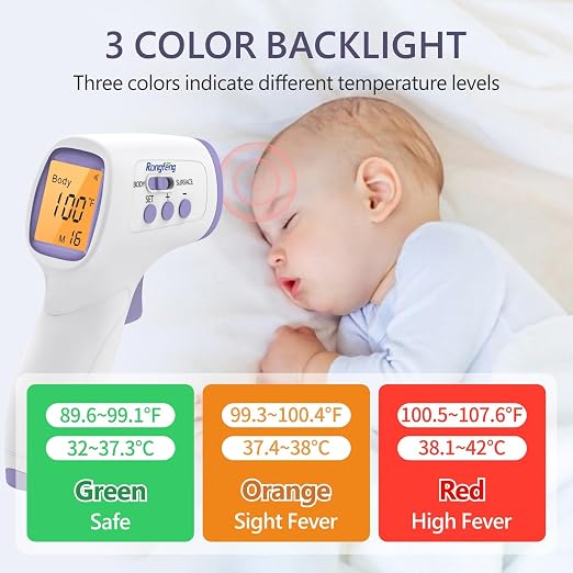 No-Touch Forehead Thermometer for Adults,Kids & Babies,1-Second Fast Reading Digital Thermometer with Fever Alarm,3-Color Backlit & 32 Memories,Non-Contact Baby Thermometer for Body,FDA Cleared