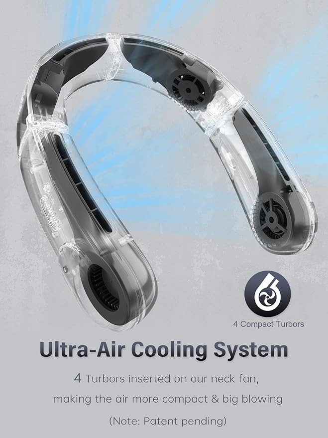 ChillGo Neck Fan, 4 Turbo Foldable Portable Fans - Personal Bladeless Fan | 5200mAh with Strong Airflow, Neck Fans that Blow Cold Air with 4 Vent Small Mini Fans Wearable Cooling Fan for Travel Outdoor