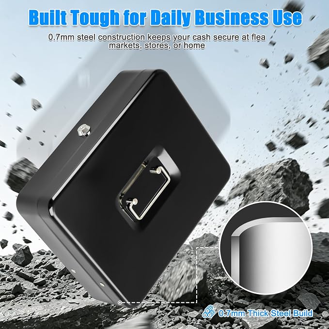 KYODOLED Metal Cash Box with Key Lock, Anti-Theft Cable & Waterproof Pouch | Heavy Duty 0.7mm Steel, Windproof Bill Clips, Hidden Compartment, for Flea Market Vendors & Small Business, 11.8", Black