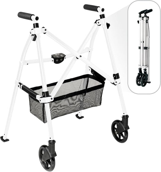 Stander Wonder Walker Plus, Lightweight Folding Mobility Aid for Adults, Seniors, and Elderly, Collapsible Travel EZ Fold-N-Go with Wheels, Glides, & Basket, Vivid White