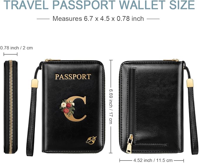 Passport Holder for Travel Personalized Wallet with Wristlet Women | Passport Cover, RFID Blocking, Passport Book Holders, Back Coin Pocket, Zipper Closure, Roses Initial Letter, Black C