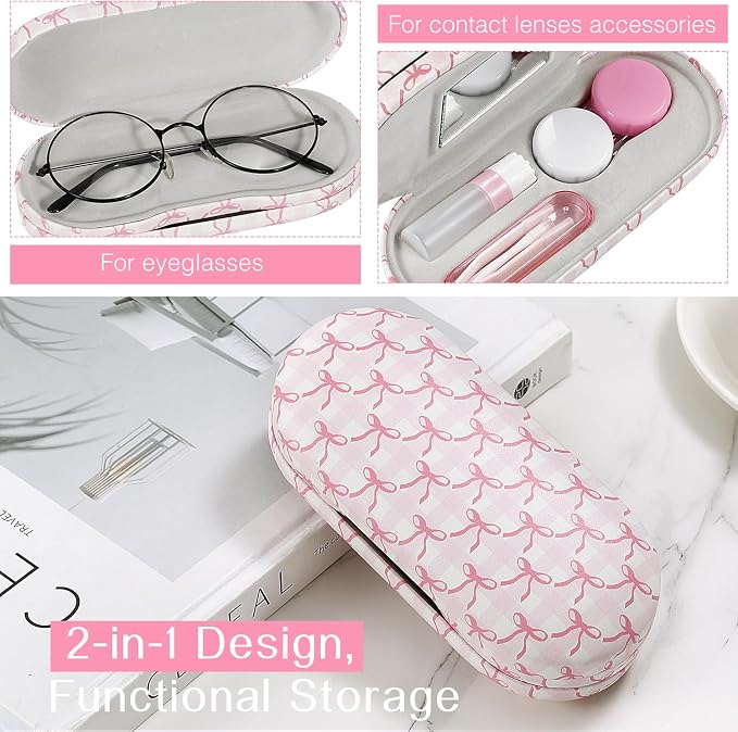 MoKo Double Eyeglass Case, Contact Lens Case with Mirror Tweezers Remover, 2 in 1 Double Sided Portable Contact Lens Box Holder Container Soak Storage Kit Sunglasses Pouch for Men & Women, Pink Scales