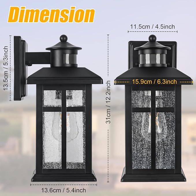 Brilvibera Outdoor Wall Light Motion Sensor, Dusk to Dawn Outdoor Lighting | Exterior Light Fixture, Black Porch Lights & Outdoor Dusk till Dawn Wall Mount Light for House Garage Entryway