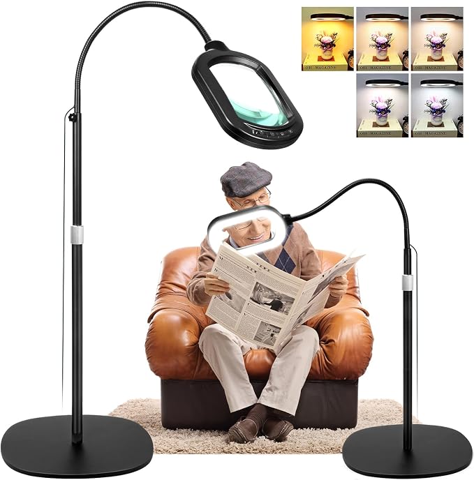 Large Magnifying Glass with Light and Stand, 15X Rectangle Optical Real Glass Lens, Height Adjustable Gooseneck Magnifier Floor Lamp, 5 Color Modes LED Dimmable Lighted Hands Free for Close Work Craft