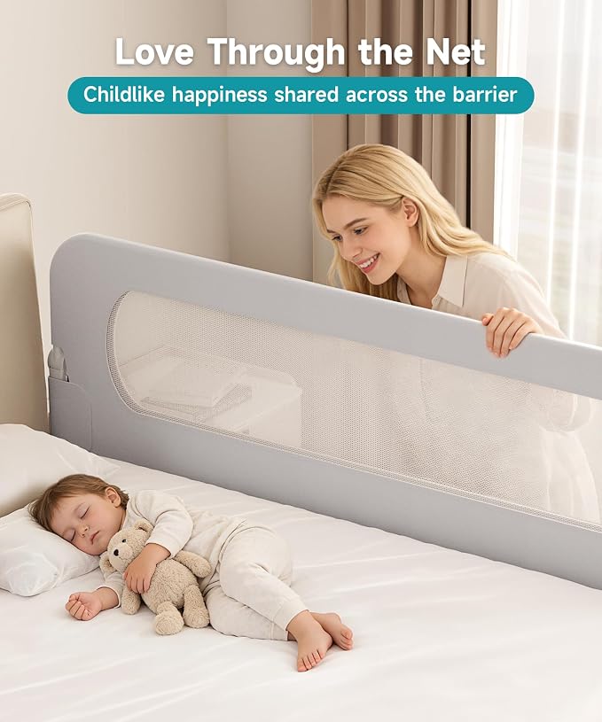 Bed Rail for Toddlers - 71 Inch Foldable Baby Guard | Height Adjustable | Foldable | Fits Full/Queen/King/Twin Beds | U-shape base provides Safety sleep protection | Grey