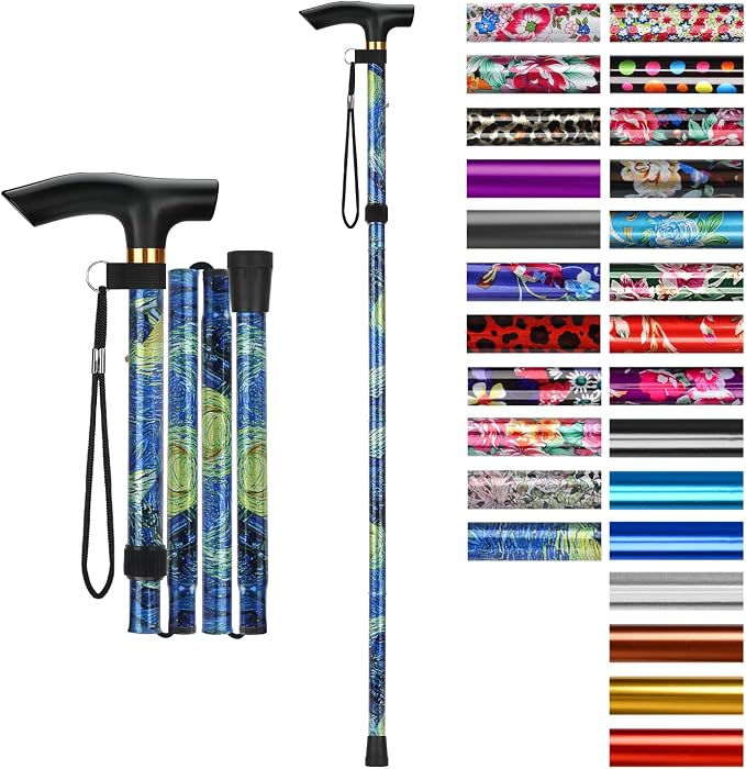 supregear Folding Cane, 5-Level Adjustable Height Walking Stick Lightweight Collapsible Portable Travel Cane with Wrist Strap and T Handle for Elderly Disabled Men Women