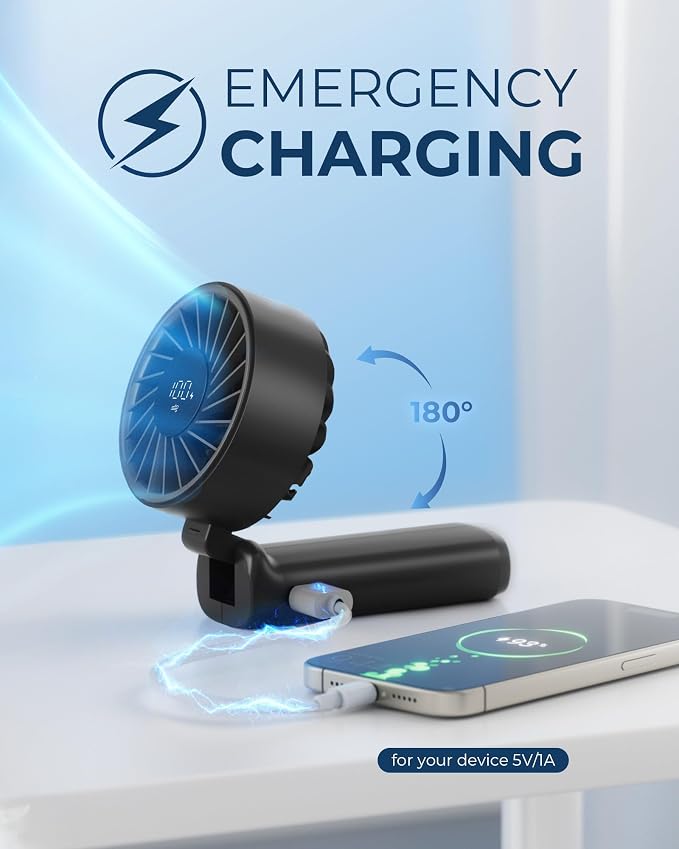 Peiyuu Handheld Fan, Portable Fan, 4000mAh Rechargeable Personal, 180° Foldable Mini Desk Fan with 6 Wind Speed, LCD Digital Display, Lanyard as Neck, Ultra Quiet, Pocket Size for Indoor Outdoor
