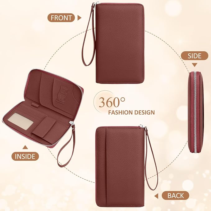 RFID Passport Holder for Travel Family with Coin Pocket, Brick Red | Leather Passport Cover for 2, Travel Document Organizer with Wrist Strap & 24 Card Slots, for Women Men