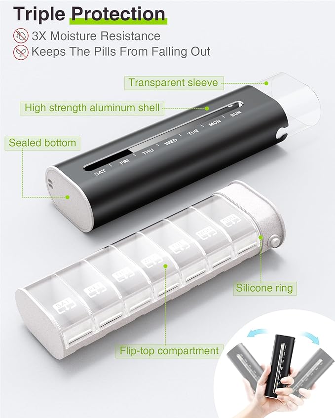 Zannaki Aluminum 7 Day Weekly Pill Organizer, Portable Travel Pill Case with Three Layer Seal, Large Capacity Cute Daily Pill Box, Pill Holder Container for Vitamins, Pills, Supplements and Medication