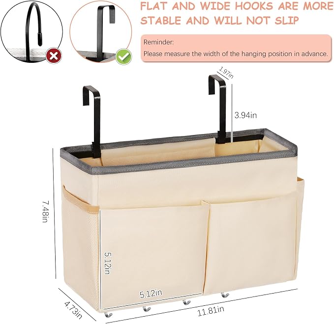 Bedside Caddy Organizer 5 Pockets and 4 Hooks for Bunk Bed Beige | Hanging Storage Bag for Headboards