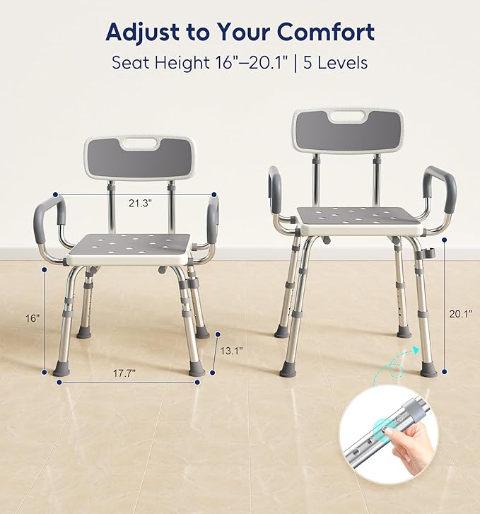 FSA & HSA Eligible Shower Chair for Inside Shower with Arms and Back, 500lbs Capacity Height Adjustable Shower Seat with Thickened Frame for Seniors, Elderly and Disabled