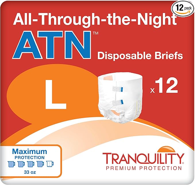 Tranquility Premium ATN Disposable Briefs with Tabs, Overnight Protection Superabsorbent Core for Leak-Free and Full-Fit Comfort, Large 12ct Bag