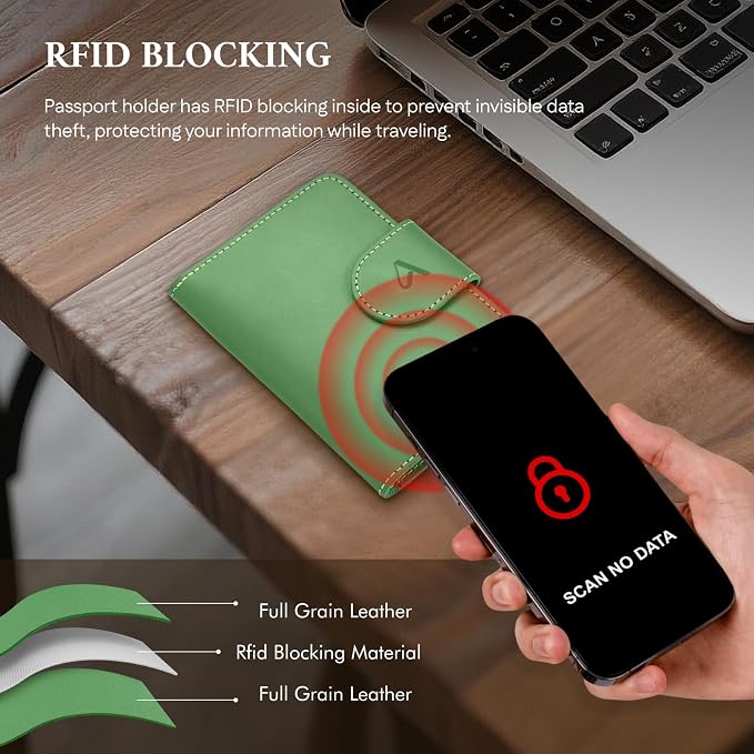 ALLIVE Rfid Passport Holder for Travel Women, Rfid Passport Cover Wallet, Genuine Leather Passport Holder for Travel with AirTag Hidden, Airport Essentials, Travel Gifts (Avocado Green)