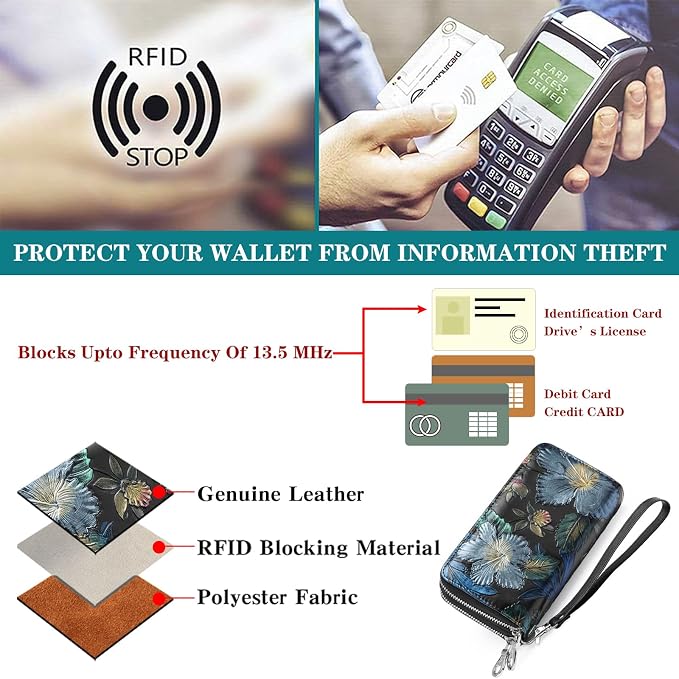 GOIACII Women's Wallet Large Capacity Double Zip Ladies Card Phone Holder RFID Blocking Wristlet Leather