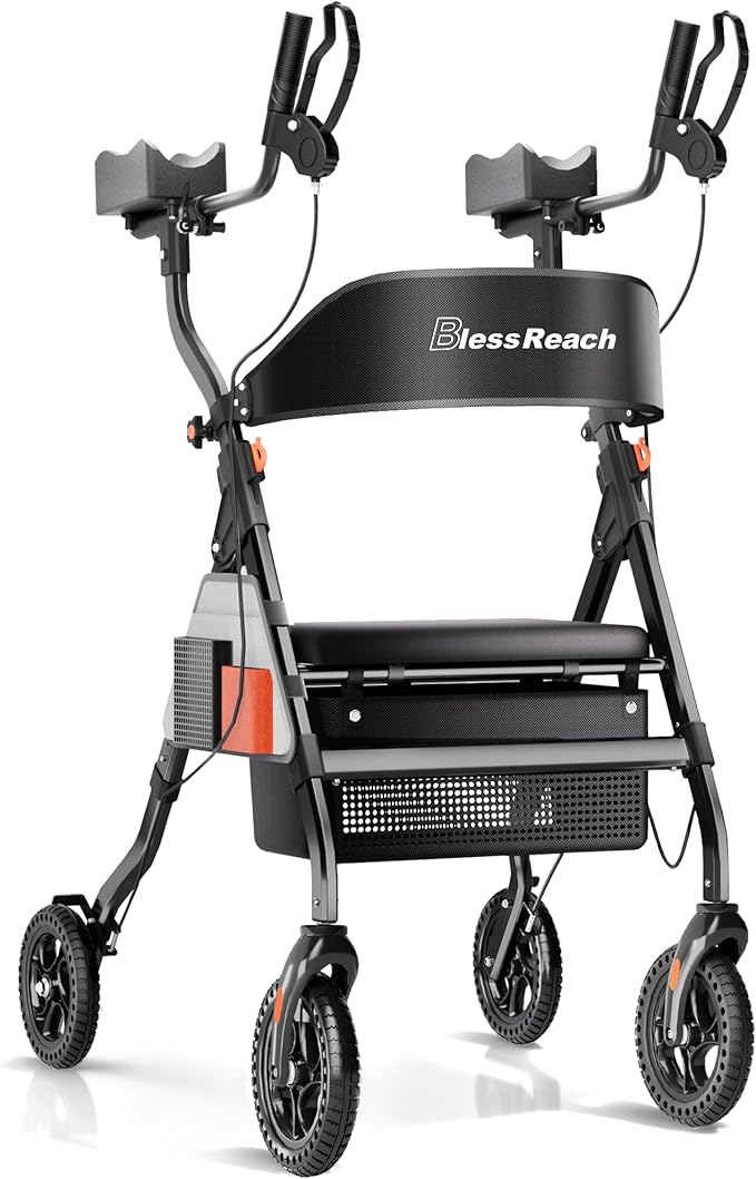 Heavy Duty Upright Rollator Walker for Seniors, 450lb Capacity, 6 Height Adjustments, 8" All-Terrain Wheels, Padded Seat & Backrest, Easy Assembly, Foldable Design (Black)
