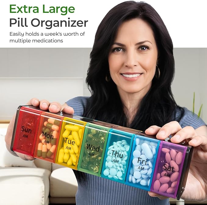 Daviky Extra Large Weekly Pill Organizer 2 Times a Day, XXL Pill Box 7 Day with AM PM Large Compartments, BPA-Free Daily Medicine Case, Jumbo Pill Holder for Fish Oils, Vitamins & Supplements（Black）