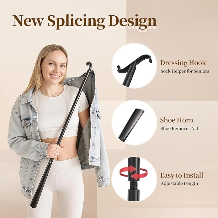 Fanwer Long Handle Shoe Horn for Seniors -33.5" Long Dressing Stick, Shoe Helper with Sock Remover Tool, Adjustable,Stable & Durable, Ideal for Disabled, Knee &Hip Replacement & Back Pain Sufferers.