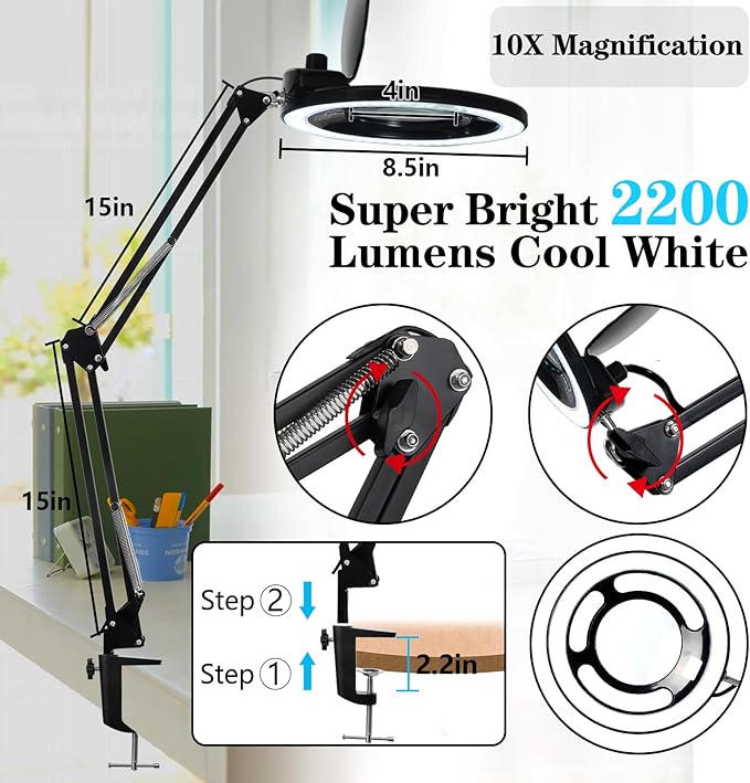 10X Magnifying Glass with Light, KIRKAS 2,200 Lumens LED Magnifying Lamp with Clamp, Stepless Dimmable Real Glass Lens Magnifier, Adjustable Arm Workbench Light for Close Work Hobby Repair - Black