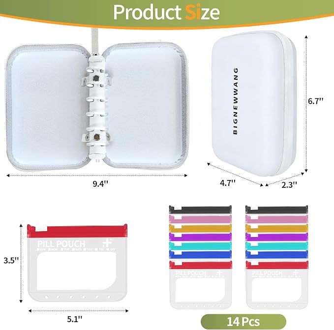 Extra Large Weekly Waterproof Pill Organizer Set, Reusable Pill Bags with 14 Coded AM PM Pouches for Home and Travel, 7 Day Portable Medicine Pill Case for Fish Oils, Vitamins and Daily Meds (White)