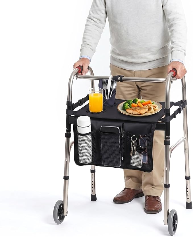 Walker Tray for Folding Walker, Tray for Walkers for Food, 3 Front Pockets & 2 Cup Holders, Fits Most Standard Rolling Folding Walkers, Walker Accessories for Senior, Black